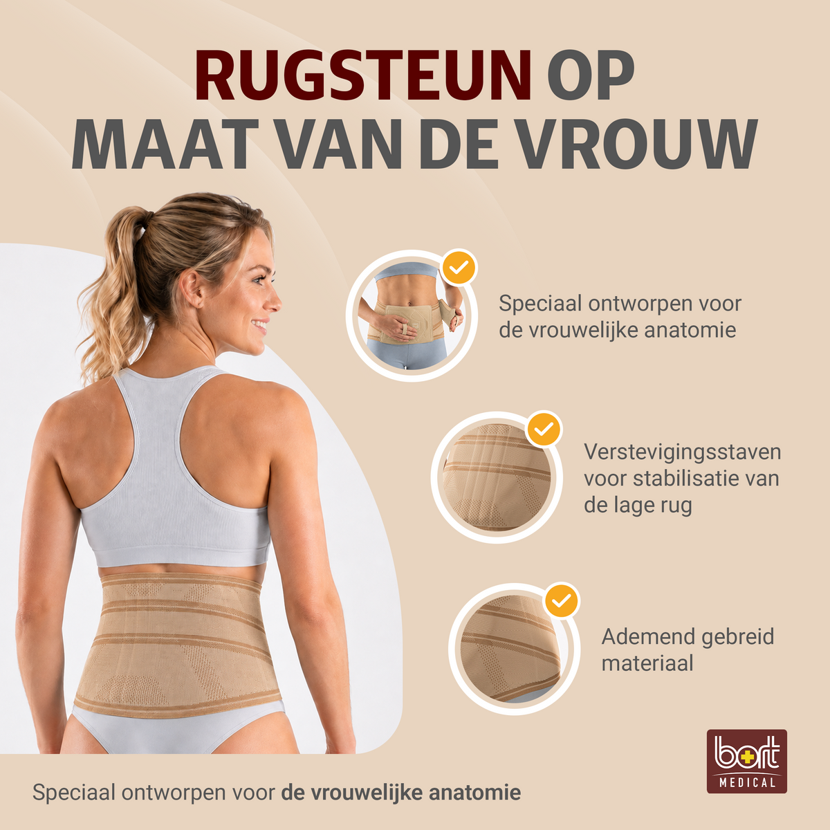 BORT Stabilo Basic Lady-rugbandage met pelotte, beige — belangrijkste voordelen