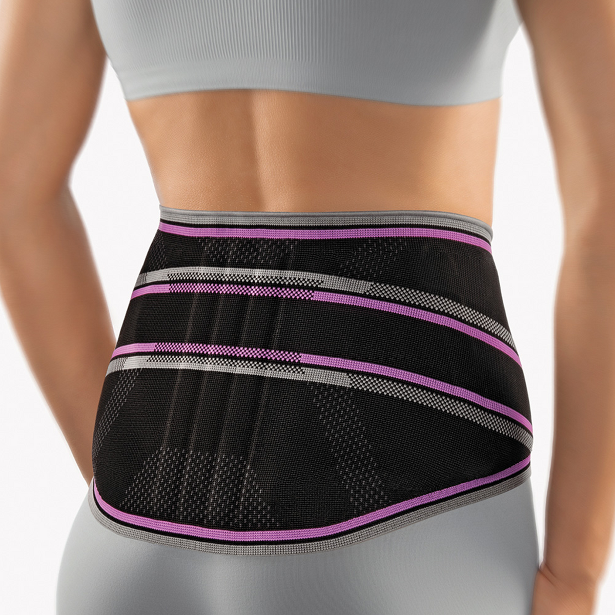 BORT Stabilo Basic Lady-rugbandage met pelotte, zwart/paars — achteraanzicht