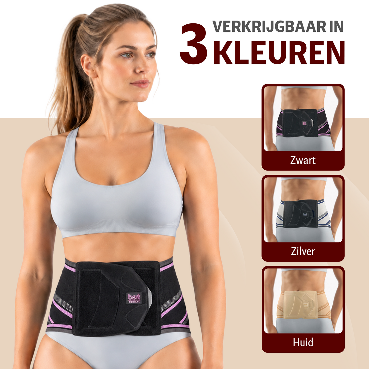 BORT Stabilo Basic Lady-rugbandage met pelotte, zwart/paars — beschikbare kleuren