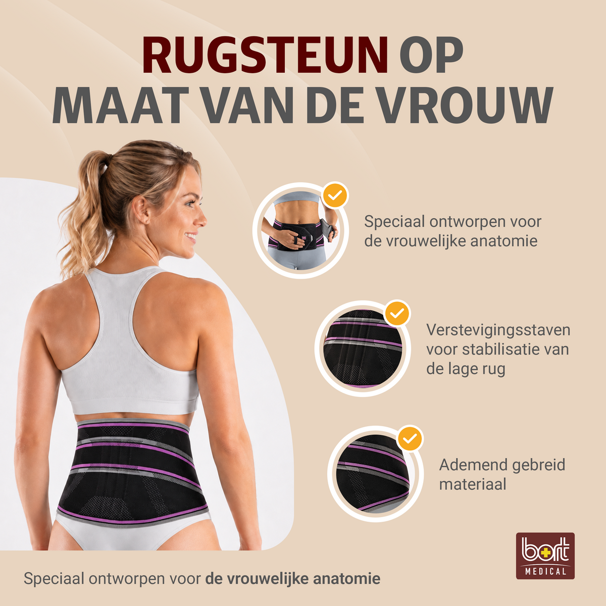 BORT Stabilo Basic Lady-rugbandage met pelotte, zwart/paars — belangrijkste voordelen