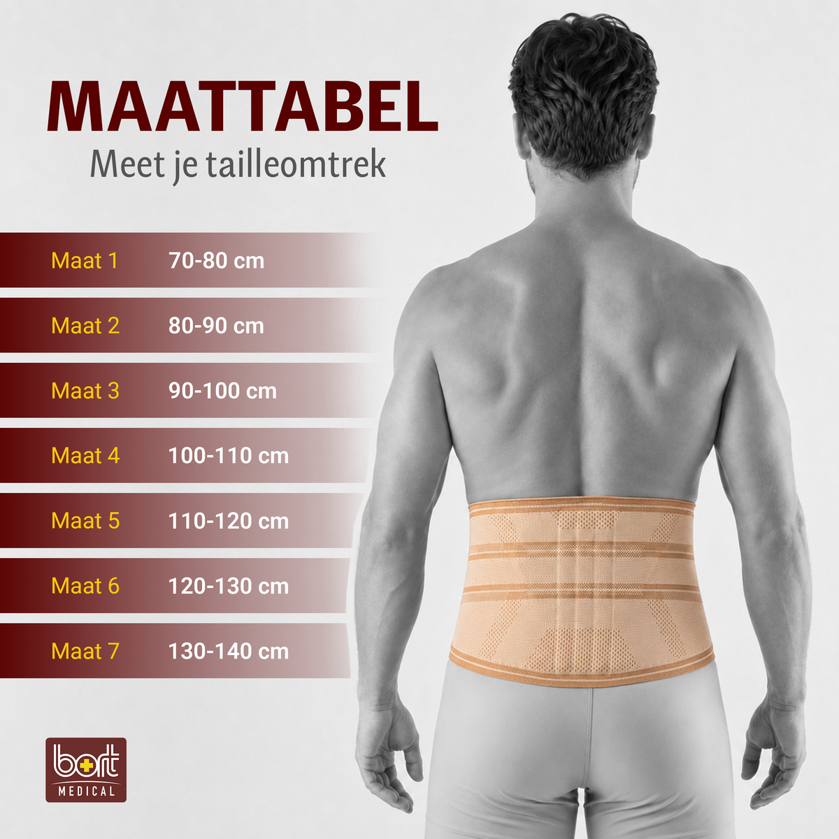 BORT Stabilo Basic-rugbandage met pelotte, beige — maattabel