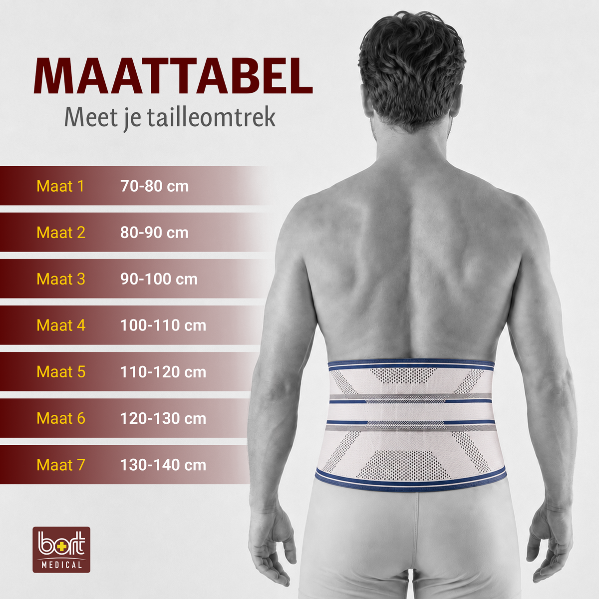 BORT Stabilo Basic-rugbandage met pelotte, zilver — maattabel