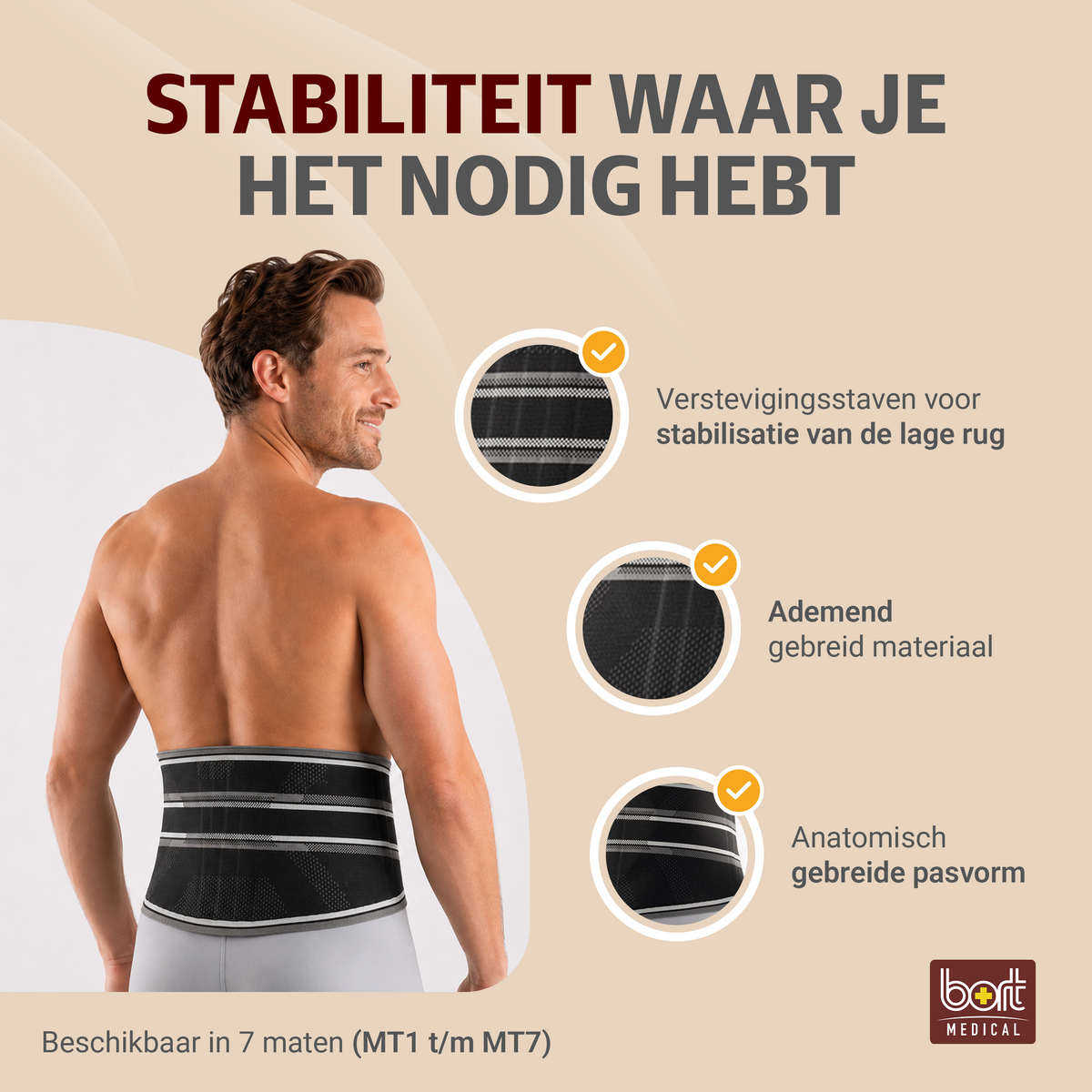 BORT Stabilo Basic-rugbandage met pelotte, zwart — belangrijkste voordelen