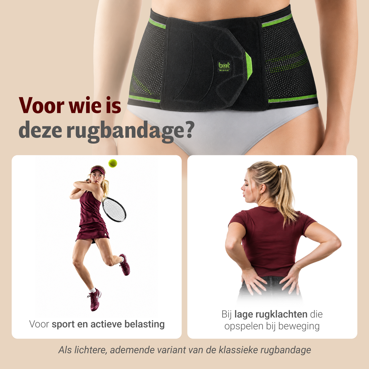 BORT StabiloBasic Lady Sport-rugbandage met pelotte — toepassing en werking
