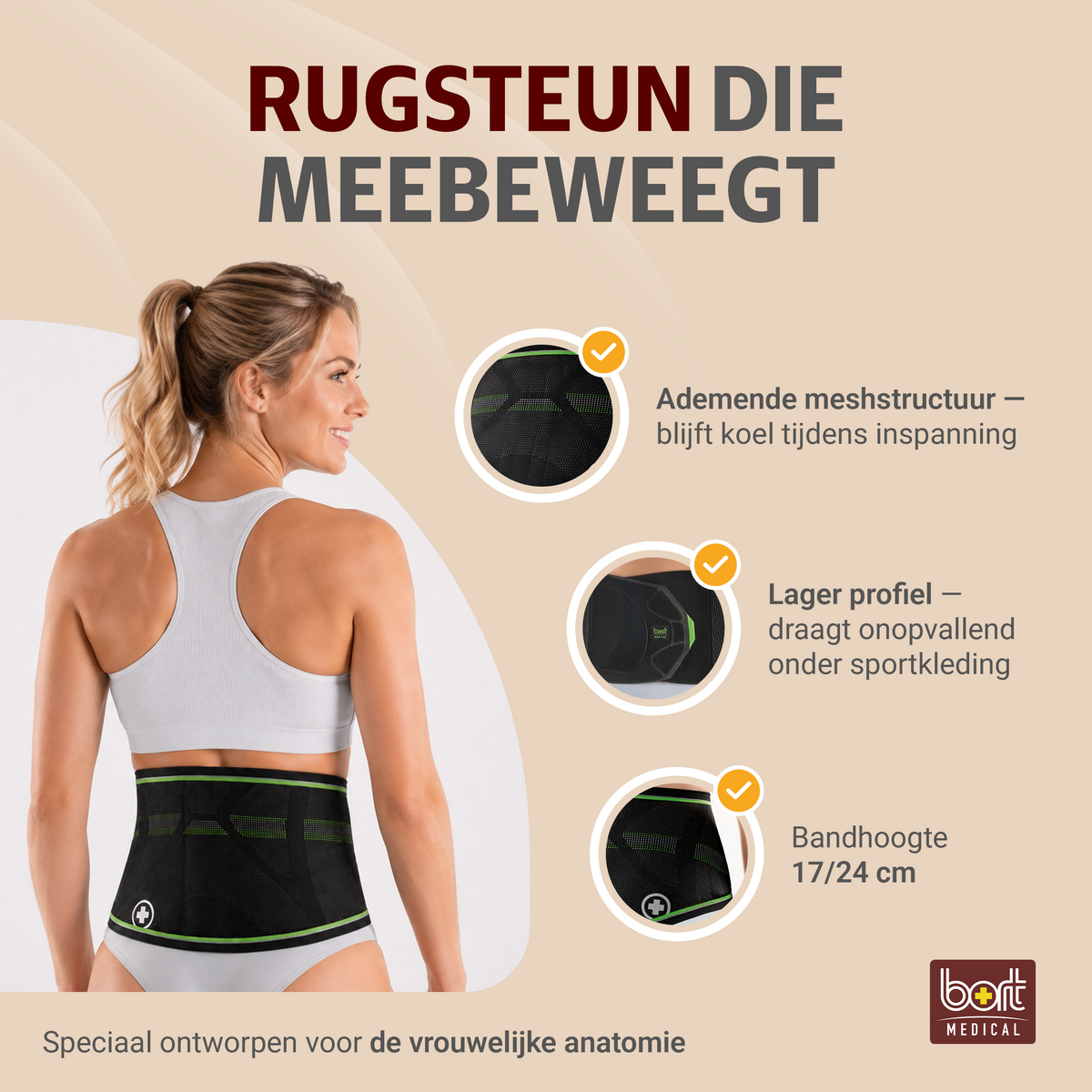 BORT StabiloBasic Lady Sport-rugbandage met pelotte — belangrijkste voordelen