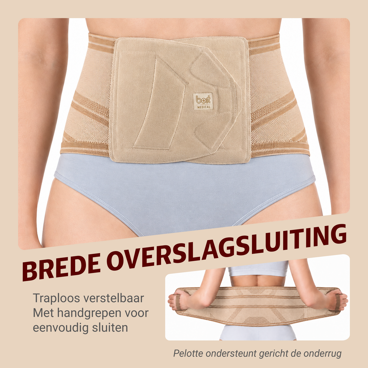 BORT Stabilo Basic Lady-rugbandage met pelotte, beige — detail van de sluiting