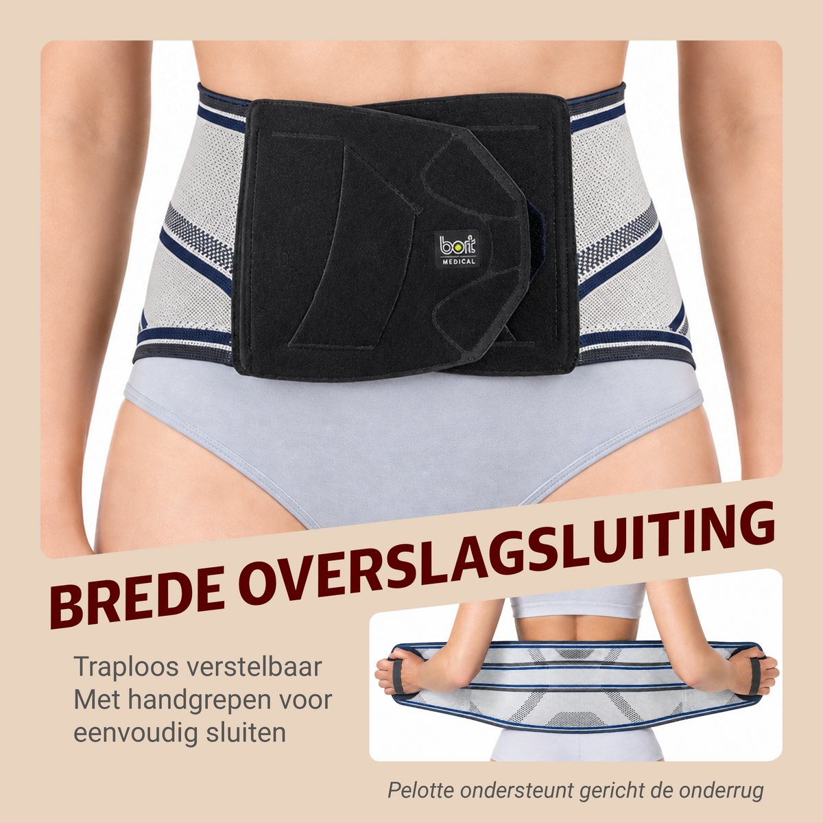 BORT Stabilo Basic Lady-rugbandage met pelotte, zilver — detail van de sluiting