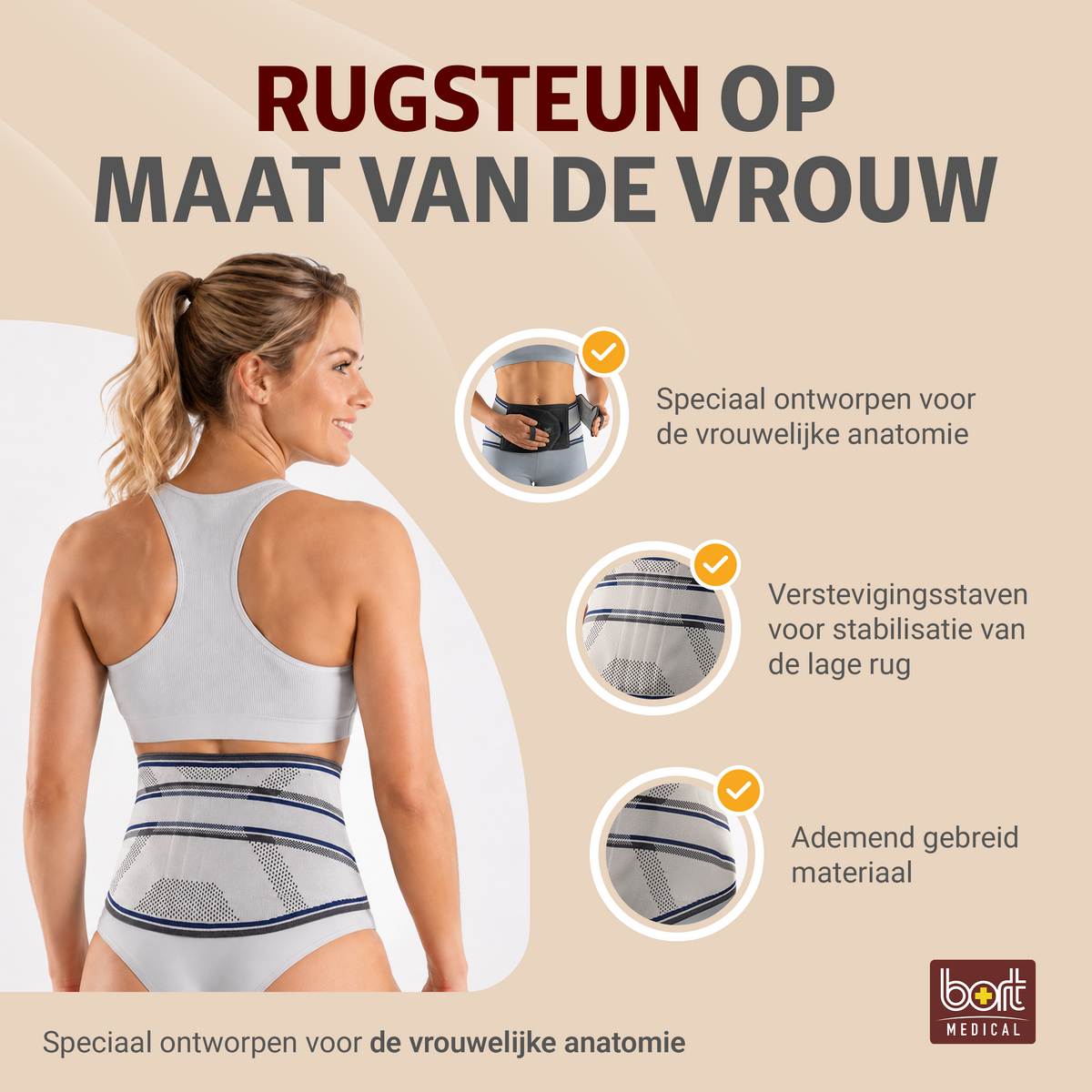 BORT Stabilo Basic Lady-rugbandage met pelotte, zilver — belangrijkste voordelen
