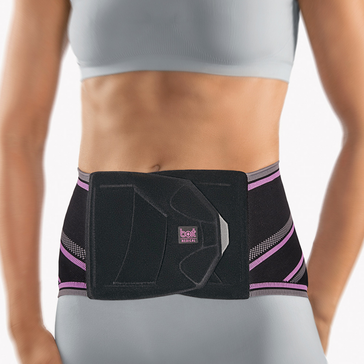 BORT Stabilo Basic Lady-rugbandage met pelotte, zwart/paars — vooraanzicht