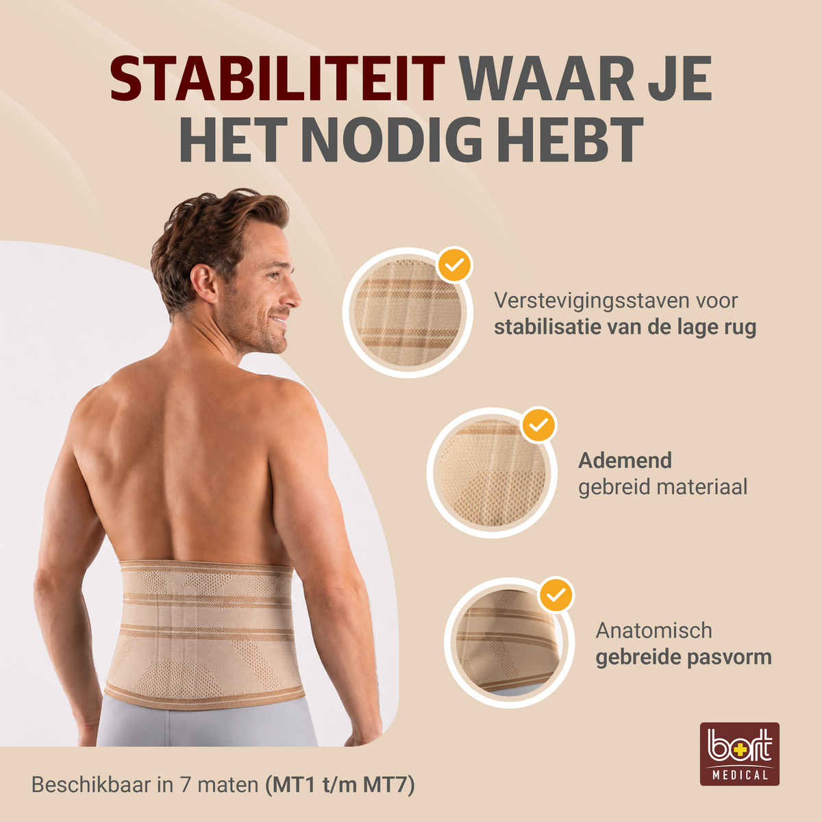 BORT Stabilo Basic-rugbandage met pelotte, beige — belangrijkste voordelen