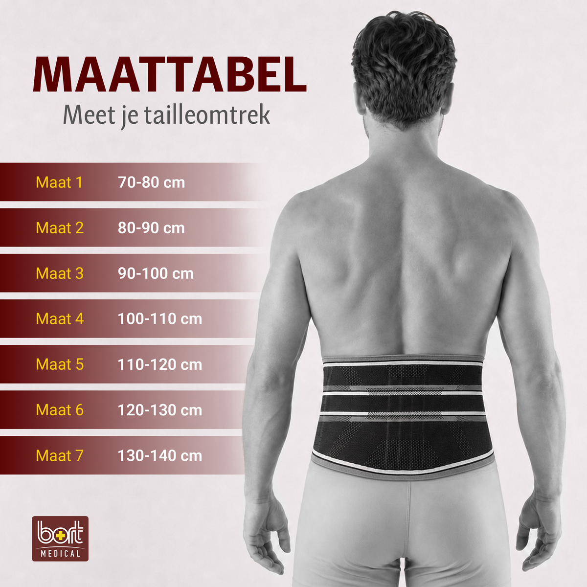 BORT Stabilo Basic-rugbandage met pelotte, zwart — maattabel